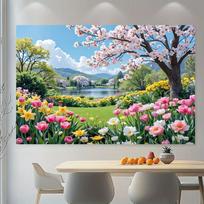 2D Blooming Spring Backdrop with Daffodils, Tulips and a Picturesque Garden 47.2x31.5inch/120*80cm