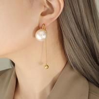 Hong Kong Style Faux Pearl Tassel Earrings with Gold Plated Chain and Steel Bead Pendants