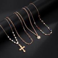 Silver Cross Pendant Necklace Necklace Set Rhinestone Necklace Creative Love Pearl Necklace  Women