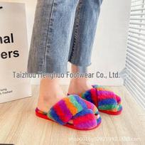 Women's Cross-Strap Plush Slippers - Autumn/Winter, Colorful, Warm, Flat, Comfortable Home Footwear 38-39