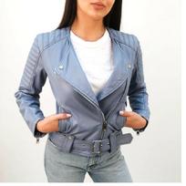 NOORA Womens Powder Blue Leather Quilted Biker Jacket With Zipper & Pocket | Belted | Snap On Collar | Zip On Sleeves | XS