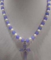 White Pearl Purple Jade Silver Cross Pndant Necklace