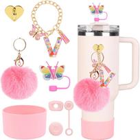 8pcs Accessories Set for Stanley Cup Initials Silicone Straw Cover and Boot Cute Letter Charms for 40oz 30oz Tumbler with Handle