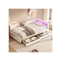 Sofa-lova - MUVOE - 90x200 cm - Lininis smėlio spalvos - LED apšvietimas - USB-C prievadas smėlis