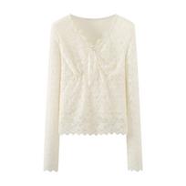 2026 Spring Women's Slim Fit Lace V-Neck Long Sleeve Top D411XF102Z00 Medium
