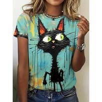 Turquoise Pop Art Cat Women's Tee - Bold Black Cat & Drip Graphic, Edgy Artistic Print Design for Casual Daily Wear S