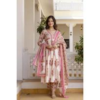 Pure Cotton Designer Kurti Pant Dupatta Set Indian Women Top Ethnic Kurta Set L-40