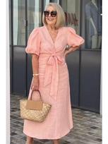 Women's Spring Summer Art Deco-inspired Vintage V-neck Lace-up Puff-Sleeve Cotton A-line Solid-Colour Dress S