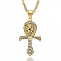 Egyptian Iced Out Ankh Cross Pendant Gold Color Stainless Steel Eye of Horus Necklace For Men Women Ancient Egypt Jewelry Gift 60cm