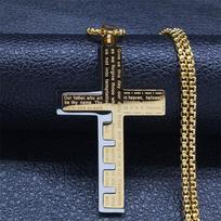 Cross Christian Church Prayer Necklace Men Stainless Steel Gold Color Bible Amulet Necklaces Jewelry Colar Masculino N2005S02 60CM