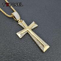 New Hot Sale Iced Out Cross Necklace Gold Color with Filled Zircons Large Crucifix Pendant Necklace Mens Cool Jewelry 60cm