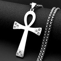 Egyptian Ankh Cross Stainless Steel Pendant Necklace for Women Men Symbol of Life Cross Rhinestones Chain Necklaces Jewelry Gift