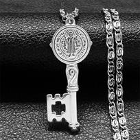 Catholicism Saint Benedict Key of Life Pendant Necklace for Women Men Stainless Steel Hip Hop San Benito Medal Necklaces Jewelry