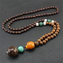 Festival Party Lucky Gift Ethnic Jewelry Mala Wood Bead Nepal Necklace Buddhist Horn Fish Pendant