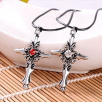 2Pc Rhinestone Cross Pendant Necklace for Couples in Titanium Steel