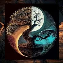 2D Boho Wall Hanging - Yin Yang Life Tree with Moonlight & Sunlight Background Cloth 47.2x31.5inch/120*80cm