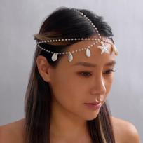 Boho Beach Pearl Shell Head Chain for Women Gold Tone Starfish Forehead Hair Jewelry Summer Vacation Festival Headpiece