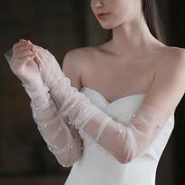 Elegant Long Tulle Wedding Fingerless White Gloves Pearls Transparent Bridesmaid Sleevelet Slim Bridal Gloves Party