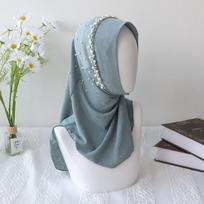 Pearl Beaded Trim Women Turban Cap Elastic Fit Solid Color Pull On Head Wrap Soft Fabric Colorful Elastic Head Cover