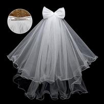 New Double Layer Bridal Veil Lace Edge White Women's Tulle Bow Puffy Photo Veil for Wedding Party