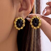 Vintage Black Oval Stud Earrings for Women Gold Color Stainless Steel Chunky Statement Jewelry Daily Party Gift Accessories Set