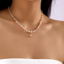 Fashion Simple Crystal Beads Resin Heart Pendant Necklace for Women Vintage Imitation Pearl OT Buckle Choker Chain Neck Jewelry