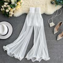 Women's Summer Wide Leg Pants with Ruffled Edges and Fish Tail Flared Pants Elastic Waist Pleated Air-conditioned Pants M