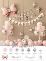 36PCS Pink and Silver Simple Birthday Balloon Party Set Pink bow and hollowed out paper flag Decoration Other&AS PICTURE