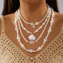 4 Pcs/Set White Imitation Pearl Layered Shell Necklace for Women Starfish Pendant Summer Beach Mix Match Choker Jewelry Gift