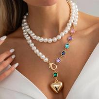IngeSight.Z Elegant Imitation Pearl Colorful Acrylic Metal Big Heart Shape Pendant Necklace for Women Fashion Boho Jewelry Gifts
