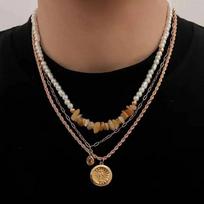 IngeSight.Z 3Pcs/Set Creative Trendy Metal Coin Pendant Necklace Men Boho Imitation Pearl Acrylic Drill Clavicle Chain Jewelry