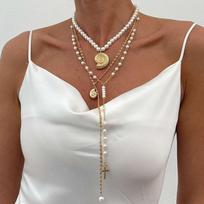 IngeSight.Z 3Pcs/Set Boho Conch Cross Pendant Necklace Women Imitation Pearl Layered Chain Necklace Summer Beach Neck Jewelry