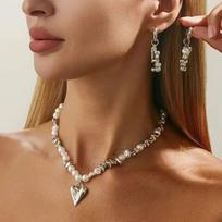 IngeSight.Z Exquisite Imitation Pearl Necklace Earring Set Women Trendy Irregular Acrylic Bead Love Heart Pendant Choker Jewelry