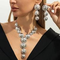 IngeSight.Z Women Punk Metal Y-Shaped Chain Jewelry Set Exaggerated Geometric Smooth Circular Spliced Long Necklace Earrings