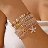 Trendy Layered Pastel Seed Bead Ocean Charm Bracelet Set for Women Sea Turtle Starfish Shell Boho Surfer Girl Summer Jewelry