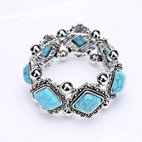 Vintage Bohemian Multicolor Stone Elastic Bracelets for Women Ethnic Personality Silver Color Metal Bracelet Party Jewelry