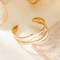 Simple Elegant Stainless Steel Irregular White Enamel Open Bangle for Women Daily Wear Seaside Vacation Jewelry Accessories