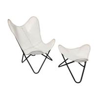 Rankų darbo balta odinė drugelio kėdė su pėdų kėdute sulankstoma Relax Accent kėdė 21x19x19 balta