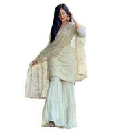 Pakistano moterų dizainerių top Sharara Dupatta rinkinys Indijos Bolivudo vakarėliui skirta Salwar kostiumo suknelė S