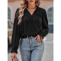 Spring and Autumn Women's Blouse Solid Color Slim V-Neck Flutter Long Sleeve Top L