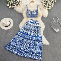 Fashionable Suit Female Casual Celadon Print Concord Vest + High Waist Shows Thin Big Set Skirt Two Pieces S mėlyna