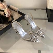 White nude bag head sandals outer wear 2025 women's summer French rhinestone thin heel fashion niche high heels 34