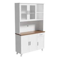 Matomas durų virtuvės bufetas su mikrobangų krosnelės stovu, atviromis lentynomis, stalčiaus dizainu, virtuvės sandėliuko spintelė, valgomojo baldai balta