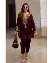 Women Traditional Heavy Viscose Velvet Salwar Suit Set with Embroidery, Kurta Pants, Ethnic Party Wear M