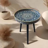 Bohemian Round Side Table with Marble-like Turkish/Mandala Pattern ,Plastic Tray Coffee Table for Indoor/Outdoor Use