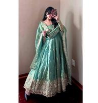 Women Bollywood Party Wear Fandy Silk Gown Pant Dupatta Set Indian Designer Anarkali Salwar Suit M