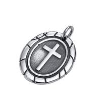 Men's Double-Sided Cross Oval Pendant Necklace in Titanium Stainless Steel, Steel Color, Quanxi Water Design (Model: PN-1808)