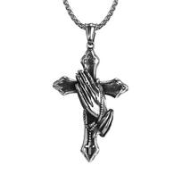 Vintage Catholic Prayer Cross Pendant Necklace for Men Stainless Steel Biker Amulet Prayer Hands Necklace Jesus Jewelry Gift 60CM