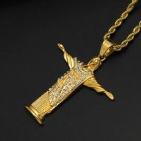 Christian Jesus Cross Rhinestone Necklace for Women Men Stainless Steel Choker Religion Pendants Jewelry Prayer Baptism Gifts 60CM