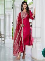 Women's Designer Silk Blend Embroidered Kurta with Pant & Dupatta Set S